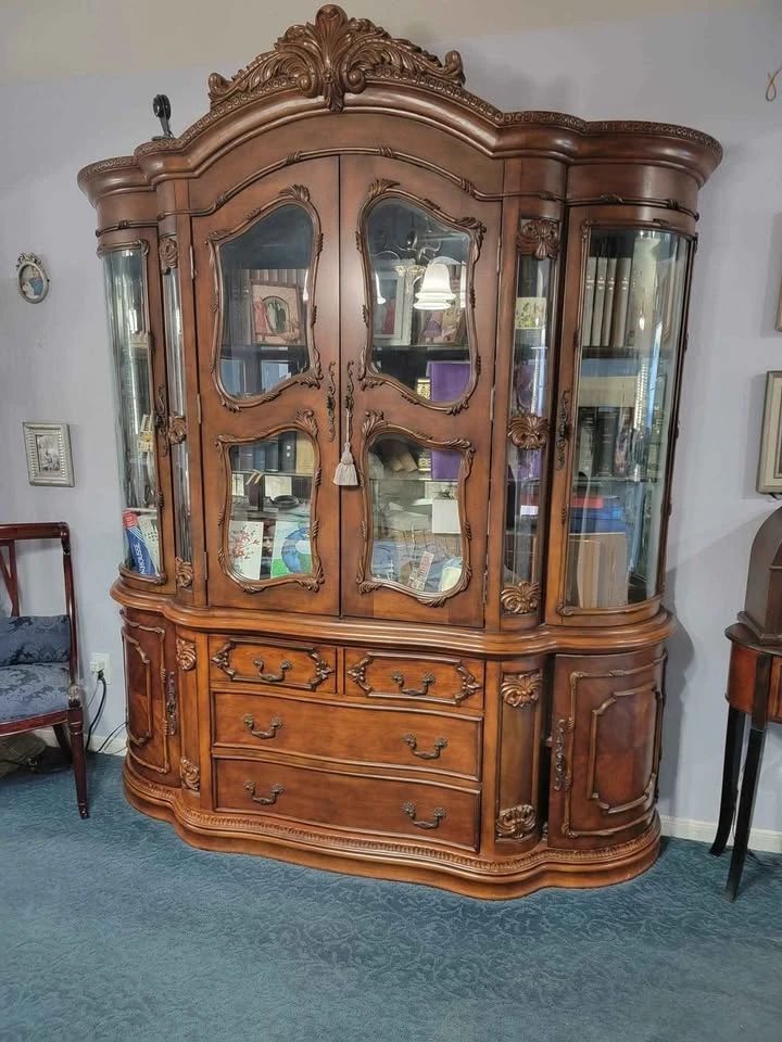 Item #1 Vintage Style wood China. Lighted . features rounded glass inserts and doors , Total of 6 Doors and 4 Drawers for silver wear and linens $1400 or best offer