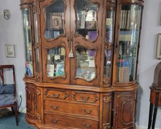 Item #1 Vintage Style wood China. Lighted . features rounded glass inserts and doors , Total of 6 Doors and 4 Drawers for silver wear and linens $1400 or best offer