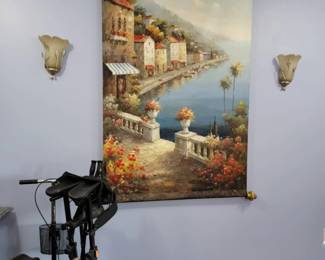 Item 31 Mediterranean Scene.  Art.   with hanger rods Approximate size 48"X68" Painted on Linen $250 or best offer
