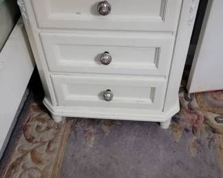 Item 9 Two White Wood Matching Night Stands with 3 Drawers with Glass Ornate pulls 28" HX23" DX 28" H   $200 each or best offer