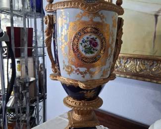 Item 27 Vintage Roman Style Ceramic Urn with Removable top for Storage Navy Blue and Gold $100                                           24.5 " H X10" W