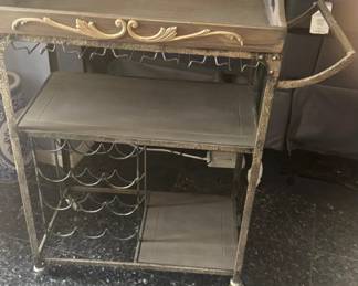 Item #11 Dessert/ Wine Beverage cart on casters.Blue tinted Wood and gold painted Iron 