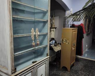 Item #5 Lighted Blue Cabinet can be used as Entertainment Unit/ China/ Curio or Bookshelf Dimensions Approximately    90" H X36W X16 D            5 Shelves 4 Doors (2 Large Glass Doors 2 Wood) $700 or best offer