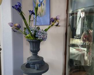 Item 42 Blue Faux Granite Column with Urn Flower Arrangement with Blue Bearded Iris Blue Iris and Blue Hydrangea $!00 or best Offer 4 pc Set                            FREE BEARDED IRIS ART