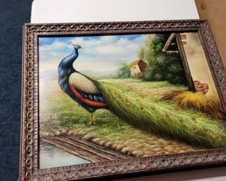 Item 33 Antique Peacock on the Farm                          Museum Mounted    Wood Frame has delicate Peacock feather decor $50