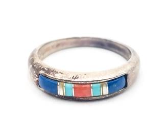 Sterling Silver Ring With Lapis, Turquoise, Coral, And Mother Of Pearl Inlay