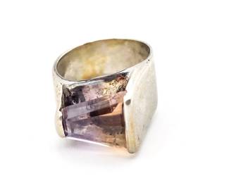 Brutalist Silver Tone Uncut Smoky Amethyst Ring
