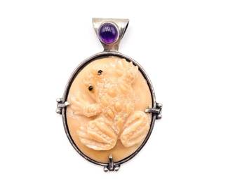 Sterling Silver And Amethyst Pendant With Hand-Carved Bone Frog