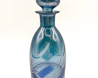 Blue Etched Wheat Pattern Glass Decanter w/ Stopper