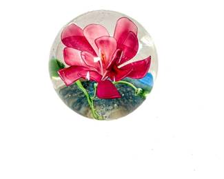 Hand-Blown Art Glass Paperweight w/ Flower