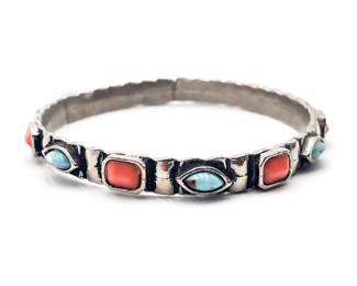 Navaho Style Sterling Silver Bangle Bracelet With Coral And Turquoise