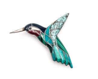 Zuni-Style Southwest Sterling Silver Inlay Hummingbird Pin