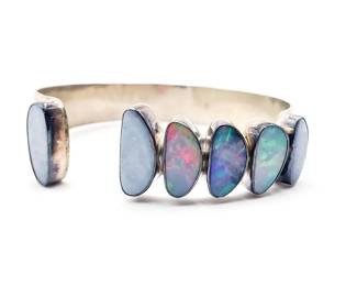 Sterling Silver Open-End Cuff Bracelet With Australian Opals