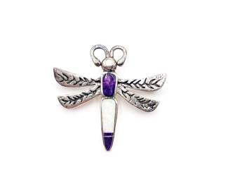 Sterling Silver Dragonfly Pendant/Brooch With Amethyst And Mother Of Pearl