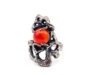 Brutalist Sterling Silver Ring With Carnelian Cabochon
