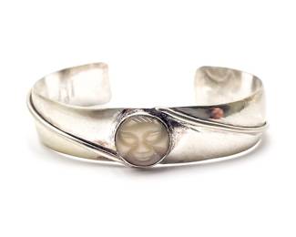 Sterling Silver Modernist Cuff Bracelet With Carved Moon Face