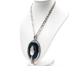 Artisanal Sterling Silver Hand Statement Necklace With Moss Agate