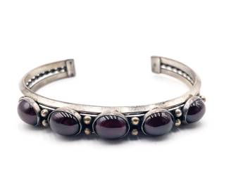 Sterling Silver And Garnet Cabochon Cuff Bracelet
