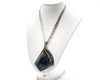 Sterling Silver Pendant Statement Necklace With Large Tourmalinated Quartz Stone
