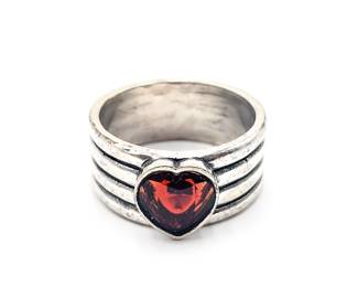 Sterling Silver Wide Band Ring With Red Garnet Stone Heart