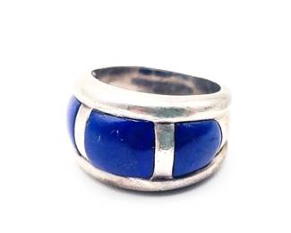Sterling Silver Cigar Band Ring With Lapis Lazuli Inlay