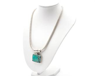 Sterling Silver Mesh Chain Turquoise Pendant Necklace