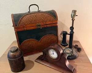 Vintage Rotary Dial Candlestick Telephone, Antique Mantel Clock, Woven Wicker Carrier and Copper Canister