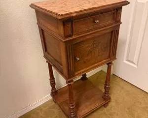 Antique Wooden Side Table with Carved Floral Design and Marble Top