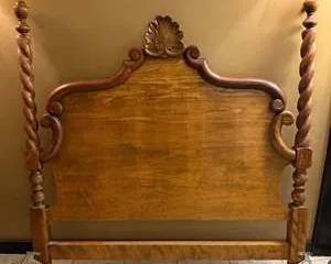 Vintage Solid Wood Carved Full Size Bed Headboard with Twisted Posts and Shell Motif
