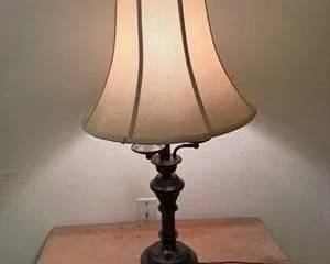 Vintage Dark Bronze Table Lamp with Beige Fabric Shade Double Bulb Holder