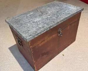 Vintage Wooden Storage Chest Trunk with Galvanized Metal Top