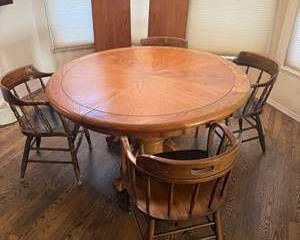 Vintage Solid Wood Round Dining Table with 6 Oak Spindle Back Chairs Brown