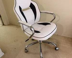 White with Black Leather Office Task Chair Adjustable Swivel Desk Chair with Chrome Base