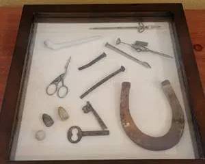 Antique Metal Key, Horseshoe, Antique Bullets, Scissors, Nail, and Tools in Shadow Box Display