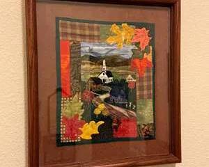 Framed Fabric Applique Quilt Wall Art Autumn Leaves Village Scene