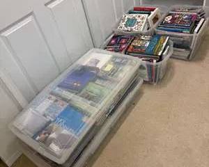 Lot of Assorted Crafting and Cooking Books with Clear Plastic Storage Totes