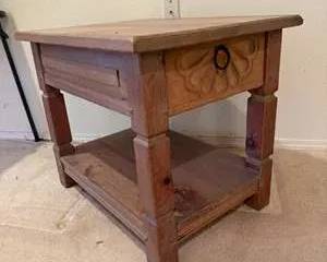 Rustic Wooden End Table Side Table with Carved Drawer Front and Lower Shelf