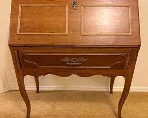 Vintage Wooden Drop Front Secretary Desk with Brass Hardware Brown