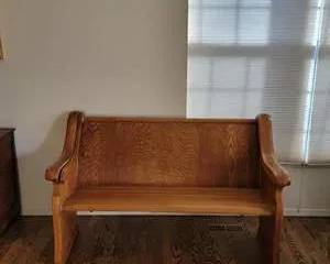 Vintage Oak Wood Church Pew Bench Carved Armrest Gothic Design