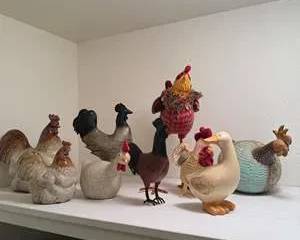Mixed Decorative Ceramic and Fabric Rooster and Hen Figurines in Assorted Colors