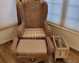 Natural Wicker Wingback Chair with Ottoman with Matching, Vintage White Wooden Magazine Rack