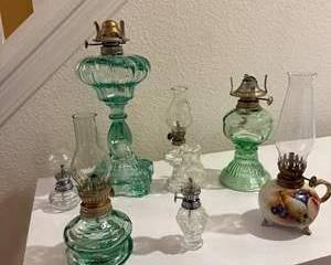 Vintage Glass Oil Lamps Green & Clear Glass Antique Style Kerosene Lanterns with Brass Burners Set