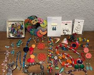 Mixed Boho Colorful Plastic, Stone, Metal, Wood Beaded Earrings, Necklaces, Bracelet, Costume Jewelry Lot