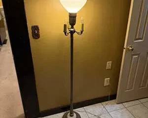 Vintage Metal Torchiere Floor Lamp with Glass Shade and Dual Candle-Style Lights