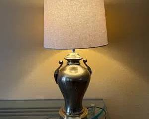 Classic Brass Table Lamp with Beige Fabric Drum Shade