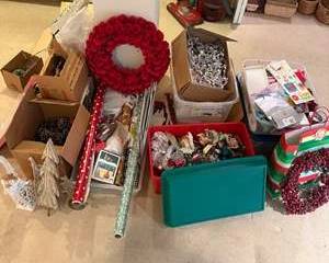 Mixed Holiday Decorations Lot Including Red Berry Wreath, Wrapping Paper, Gift Bags, Ornaments & Figurines