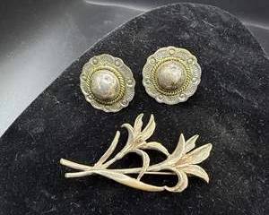 Sterling Silver Florenza Brooch and Earrings Set - Floral Design Jewelry, 20 Grams