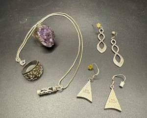 Sterling Silver Amethyst Ring, Turquoise Inlay Earrings, Infinity Drop Earrings, Necklace Pendant Set