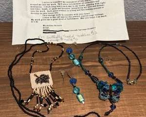 Micheline Briere Handcrafted Beaded Butterfly Necklace and Earring Set Blue Brown Glass Beads