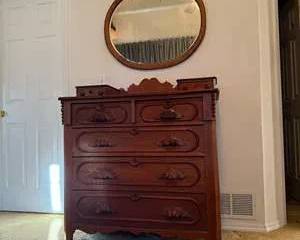 Antique Wood Dresser Chest with Hand Carved Handles and Mirror